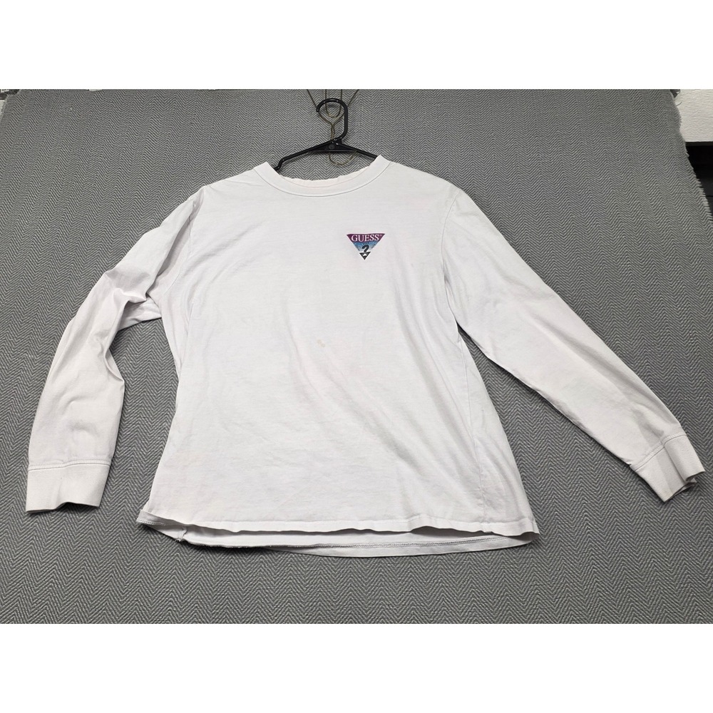 Guess Long Sleeve Graphic T-Shirt White Triangle Logo Back Print Mens Small